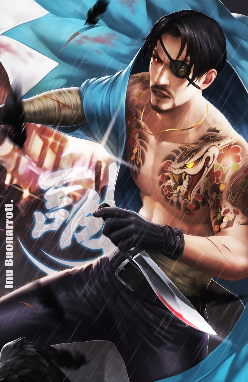 1boy, absurdres, bandaged_arm, bandages, black_pants, eyepatch, facial_hair, feathers, gloves, goatee, highres, holding, holding_weapon, imminent_fight, injury, japanese_clothes, knife, leather, leather_gloves, leather_pants, majima_goro, male_focus, monkey_buonarroti, okita_souji_(ishin), pants, pectorals, rain, red_eyes, ryuu_ga_gotoku_(series), ryuu_ga_gotoku_ishin!, shinsengumi, snake, weapon, yakuza