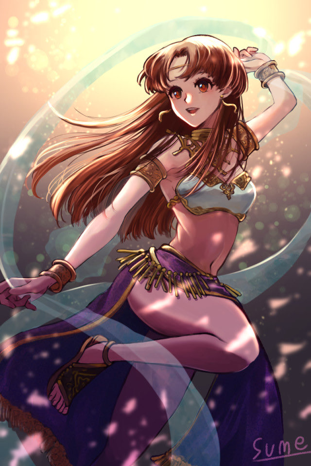 1girl, barefoot_sandals_(jewelry), bracelet, breasts, brown_hair, dancer, floating_hair, gloves