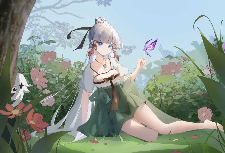 2girls, absurdres, alternate_costume, arm_support, ayaka_(genshin_impact), bare_legs, barefoot, black_eyes