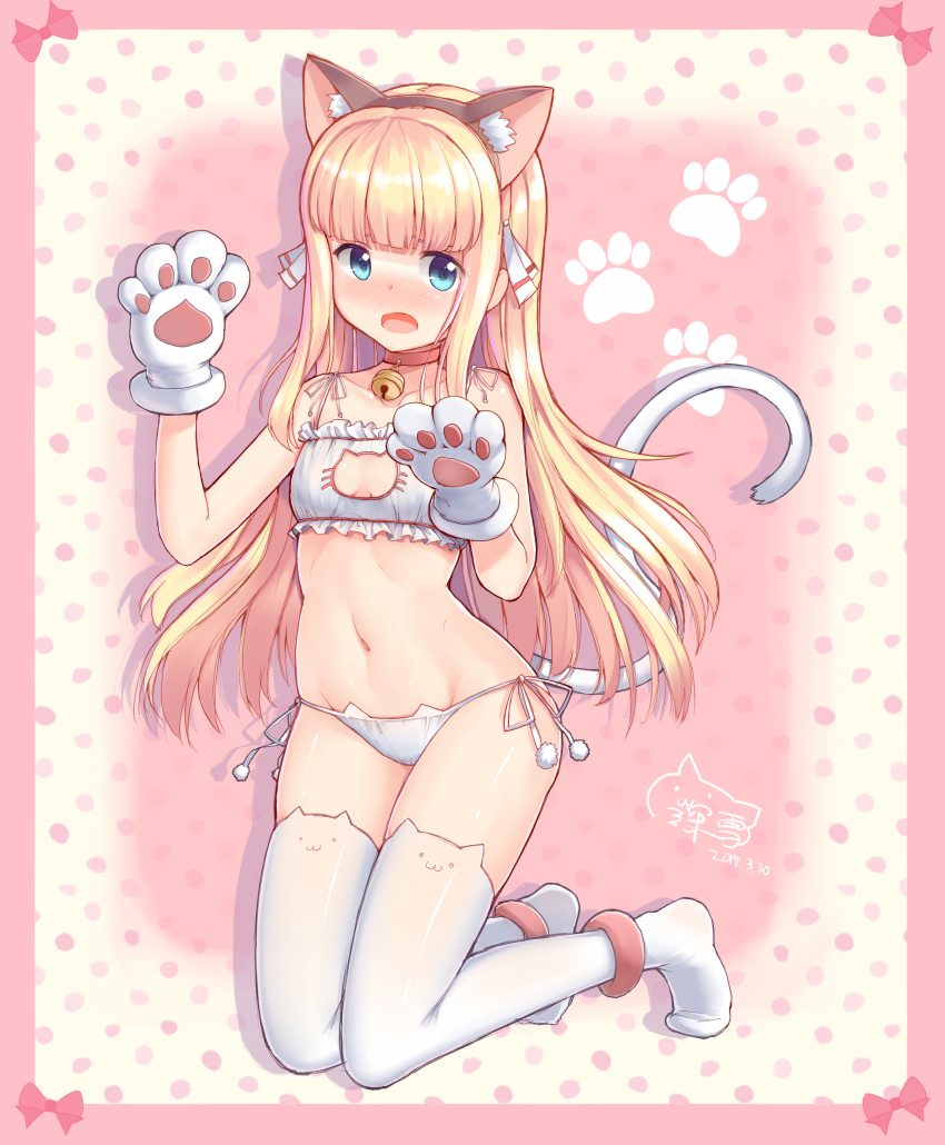 1girl, absurdres, animal_ears, animal_hands, blonde_hair, blue_eyes, bra, breasts