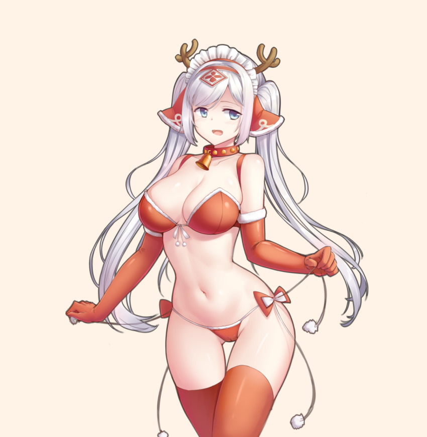 1girl, bikini, blue_eyes, christmas, elbow_gloves, gloves, highres, horns