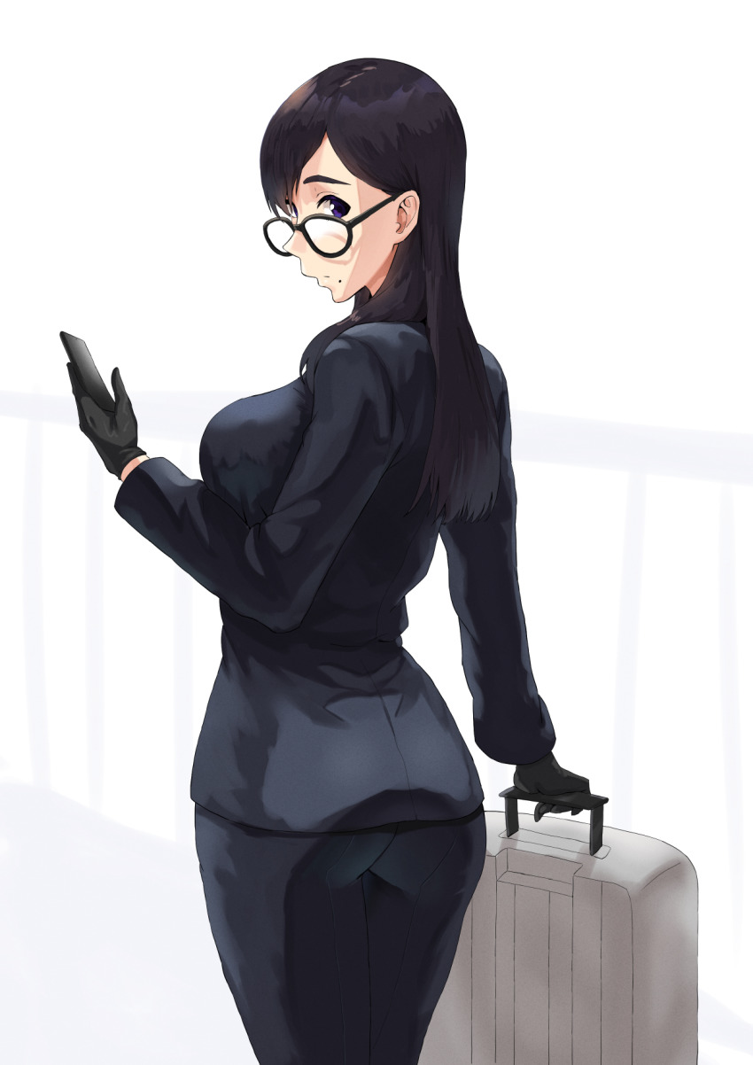 1girl, ass, black-framed_eyewear, black_gloves, black_hair, breasts, business_suit, cellphone