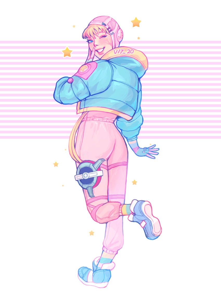 1girl, absurdres, apex_legends, ass, blue_gloves, blue_jacket, blue_shoes, blush