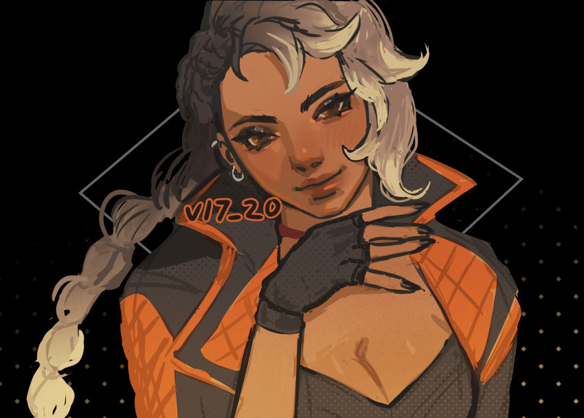 1girl, apex_legends, black_background, black_eyeshadow, black_gloves, black_hair, black_jacket, black_nails