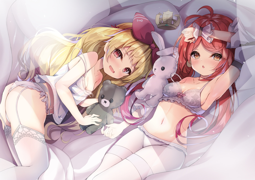 2girls, :o, anchor_symbol, antenna_hair, armpits, azur_lane, bare_shoulders, bed