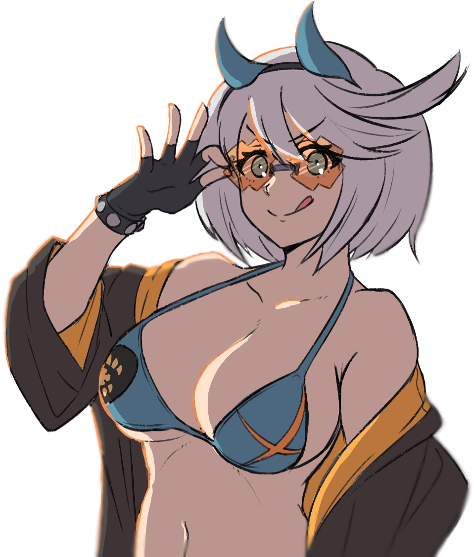 1girl, adjusting_eyewear, adjusting_glasses, ahoge, backlighting, bare_shoulders, bikini, bikini_top_only, black_gloves, black_jacket, blue_bikini, blue_eyes, bracelet, breasts, cleavage, closed_mouth, collarbone, cosplay, demon_horns, elphelt_valentine, fake_horns, fingerless_gloves, glasses, gloves, guilty_gear, guilty_gear_strive, guilty_gear_xrd, hair_between_eyes, hairband, happy_chaos, happy_chaos_(cosplay), horns, huge_ahoge, jacket, jetber, jewelry, large_breasts, navel, off_shoulder, orange-tinted_eyewear, orange-tinted_glasses, print_bikini, shaded_face, short_hair, solo, stomach, studded_bracelet, sunglasses, sunlight, swimsuit, tinted_eyewear, tongue, tongue_out, upper_body, v-shaped_eyebrows, white_background, white_hair, x-shaped_eyewear
