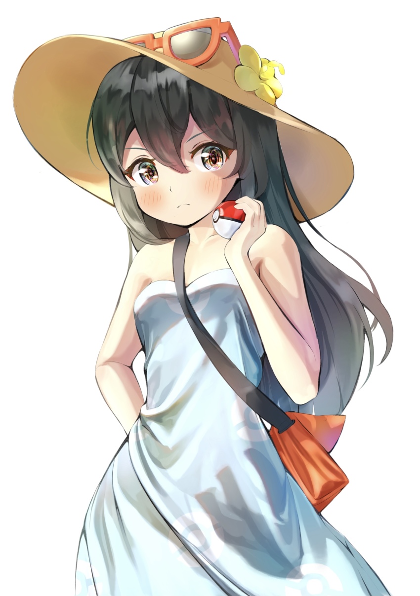 1girl, absurdres, arm_behind_back, bag, bare_shoulders, black_hair, blush, closed_mouth