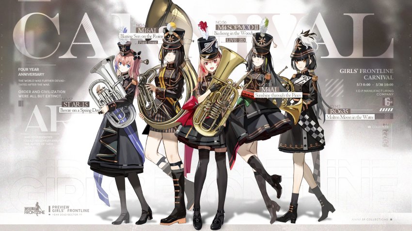 5girls, anti-rain_(girls'_frontline), artist_request, black_footwear, black_gloves, black_hair, black_headwear, black_legwear