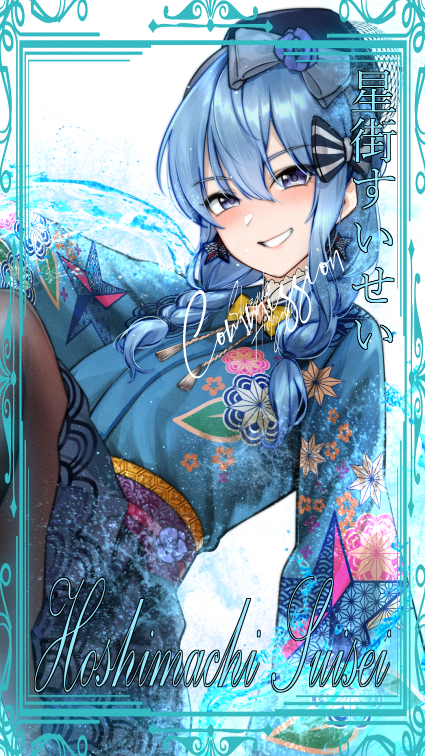 1girl, beret, black_bow, blue_eyes, blue_hair, blush, bow, braid