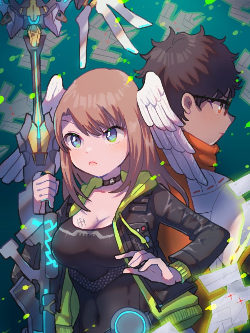 1boy, 1girl, black_bodysuit, black_choker, black_jacket, blue_eyes, bodysuit, breast_tattoo