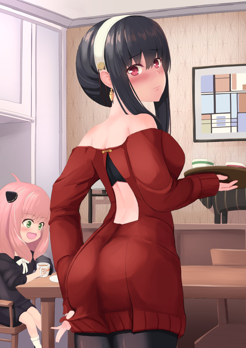2girls, adoptive_parent_and_adoptive_child, anya_(spy_x_family), ass, back, back_cutout, bare_shoulders, black_hair, blush, breasts, clothes_tug, clothing_cutout, commentary_request, cup, dress, earrings, from_behind, full-face_blush, hairband, highres, holding, holding_tray, jewelry, long_hair, looking_at_viewer, looking_back, mother_and_child, mother_and_daughter, mug, multiple_girls, off-shoulder_sweater, off_shoulder, parent_and_child, red_eyes, red_sweater, shirt_tug, sidelocks, sitting, solo_focus, spy_x_family, sweater, sweater_dress, sweater_tug, table, tray, tsukimoto_reiji, white_hairband, yor_briar