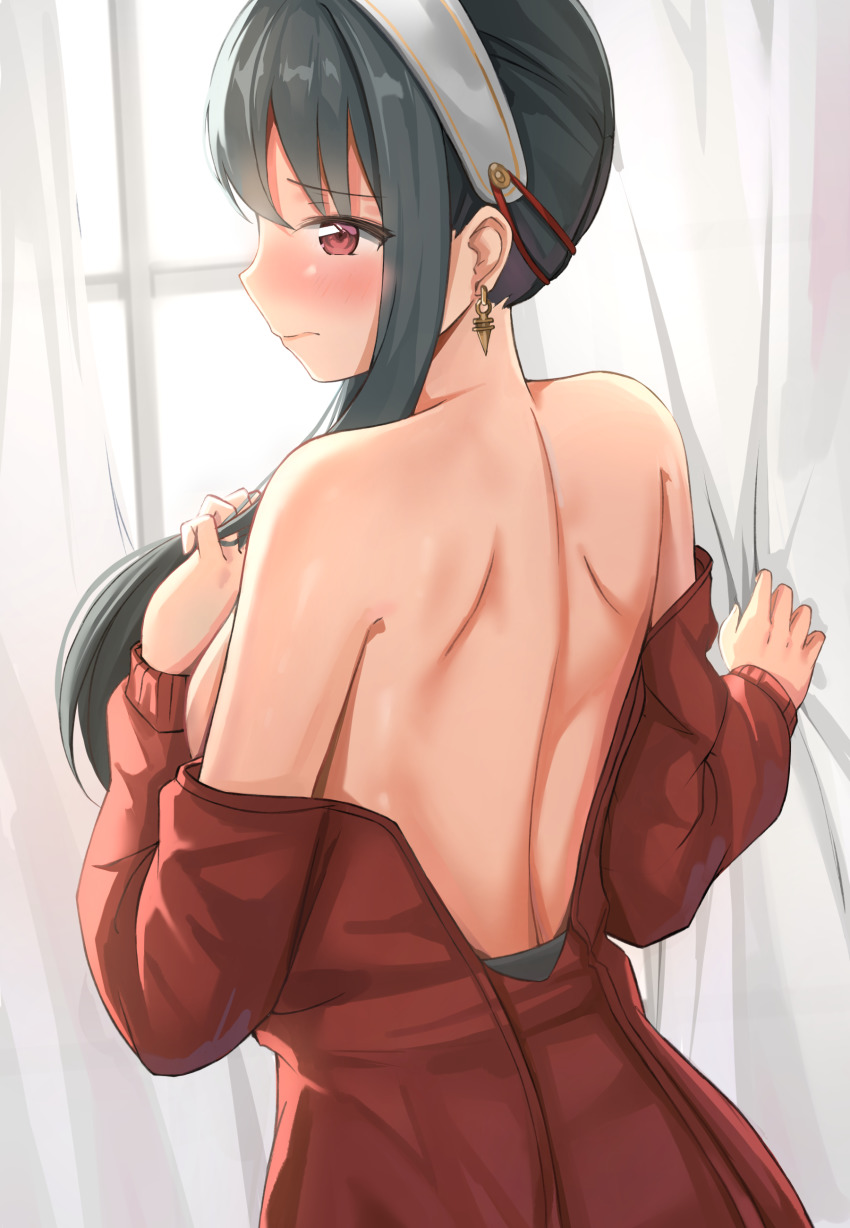 1girl, absurdres, back, back_focus, bare_back, bare_shoulders, black_hair, blush