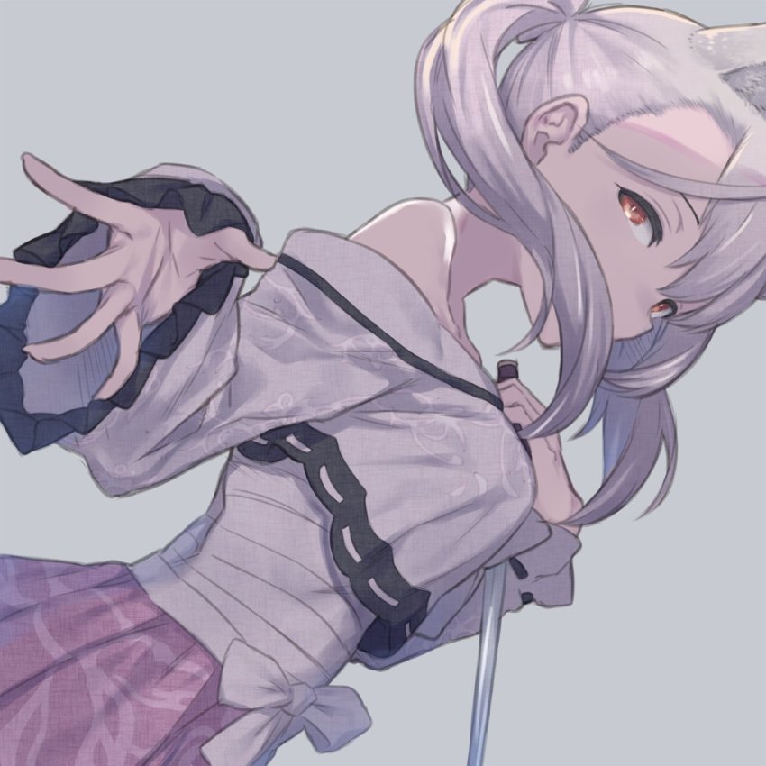 1girl, animal_ears, bare_shoulders, brown_eyes, fox_ears, hanbok, highres, holding