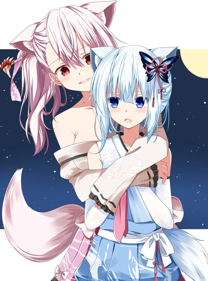 2girls, absurdres, animal_ears, bare_shoulders, blue_eyes, blue_hair, brown_eyes, detached_sleeves