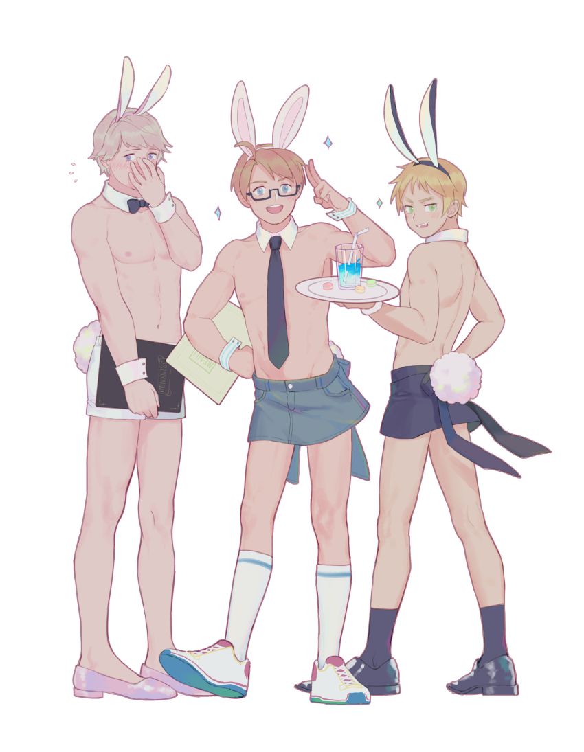 3boys, absurdres, america_(hetalia), animal_ears, ankle_socks, axis_powers_hetalia, bare_pectorals, kneehighs