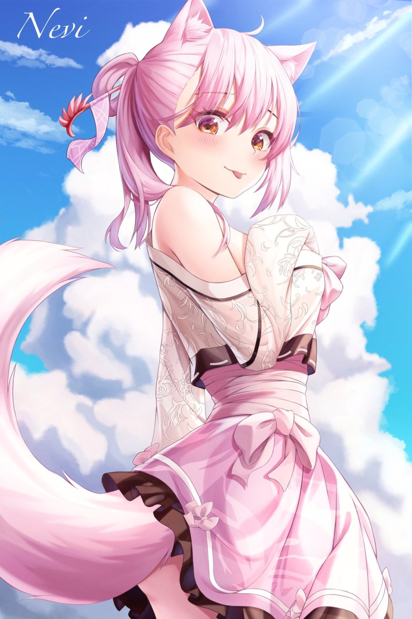 1girl, animal_ears, bare_shoulders, brown_eyes, fox_ears, fox_tail, hair_ornament, hair_stick