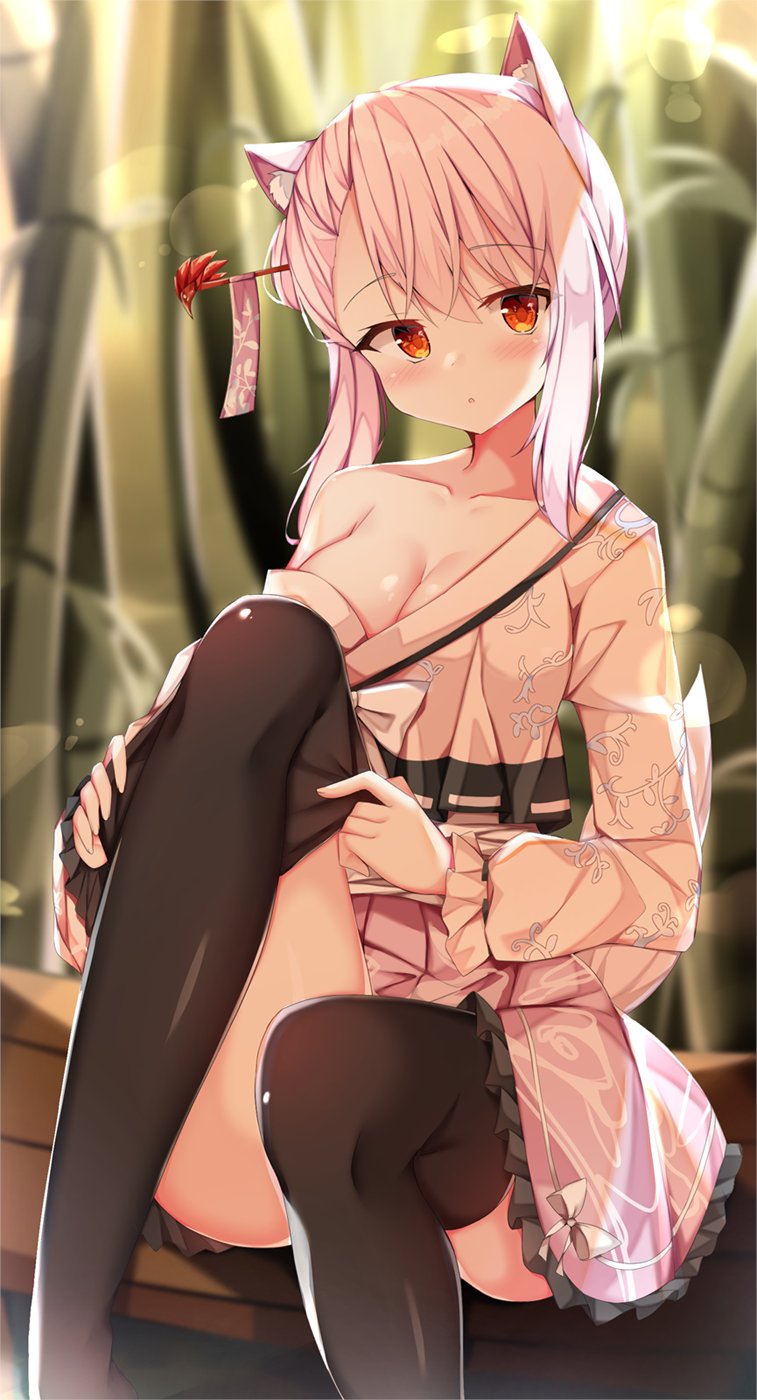 1girl, adjusting_clothes, adjusting_legwear, animal_ears, bare_shoulders, black_thighhighs, breasts, brown_eyes