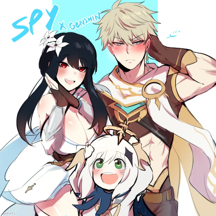 1boy, 2girls, abs, absurdres, aether_(genshin_impact), aether_(genshin_impact)_(cosplay), anya_(spy_x_family), bare_shoulders, belt, black_hair, blonde_hair, blush, breasts, cleavage, cosplay, genshin_impact, green_eyes, halo, highres, kurenaiz_(kuayrenaiz), large_breasts, lumine_(genshin_impact), lumine_(genshin_impact)_(cosplay), multiple_girls, paimon_(genshin_impact), paimon_(genshin_impact)_(cosplay), pants, red_eyes, short_hair_with_long_locks, sidelocks, spy_x_family, thighhighs, thighs, twilight_(spy_x_family), twintails, white_hair, yor_briar