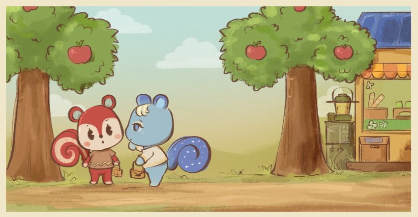 animal_crossing, apple_tree, bag, blouse, border, brown_shirt, handbag, highres