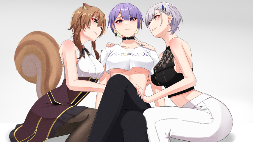 3girls, absurdres, alternate_costume, alternate_hairstyle, animal_ears, aqua_eyes, ayunda_risu, ayunda_risu_(fall_casual)