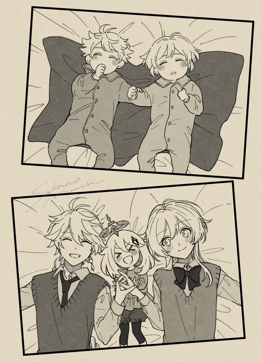 >_<, 1boy, 2girls, aether_(genshin_impact), aged_down, alternate_costume, baby, blush