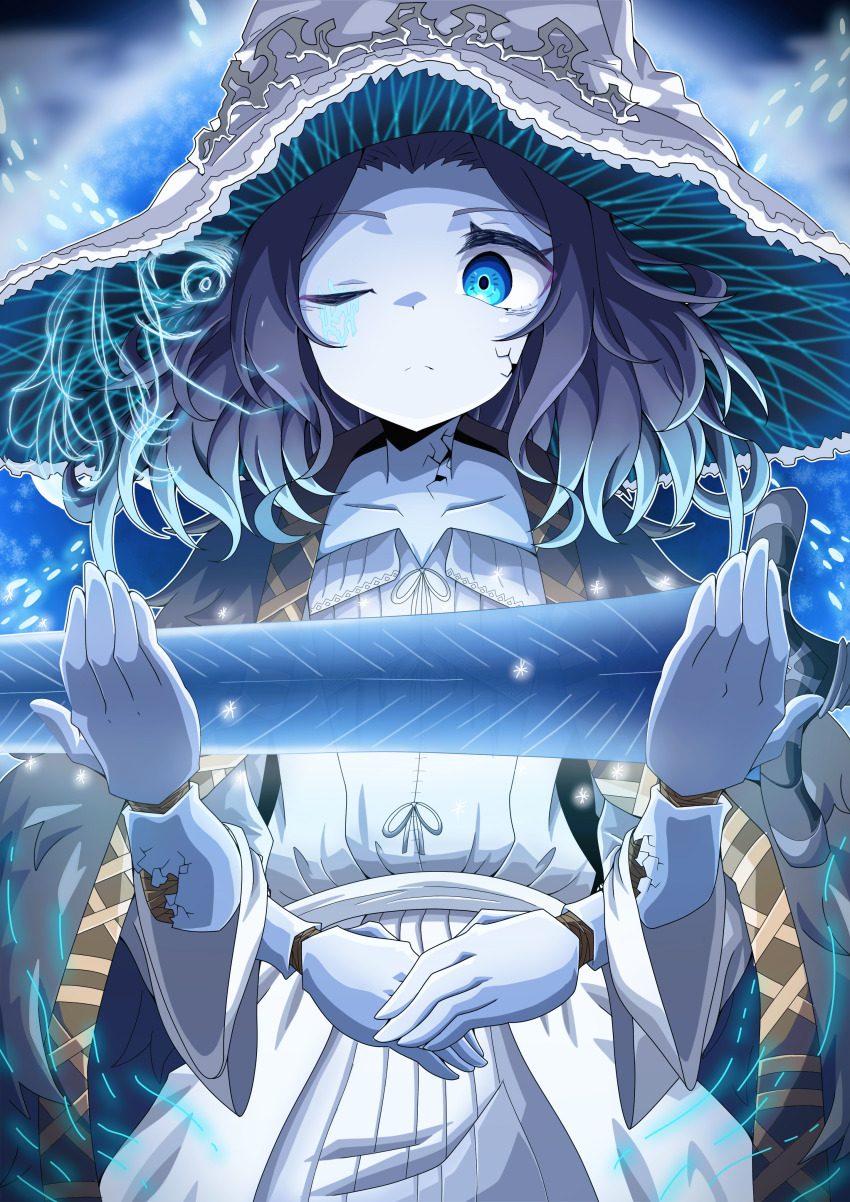 1girl, absurdres, blue_eyes, blue_hair, blue_skin, blush, brown_cloak, cloak