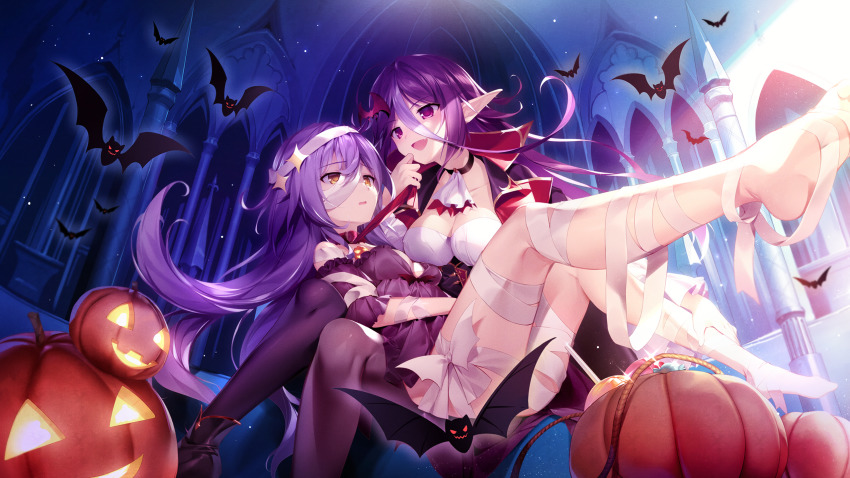 2girls, artist_request, ascot, bandage_over_one_eye, bandaged_arm, bandaged_head, bandaged_leg, bandages