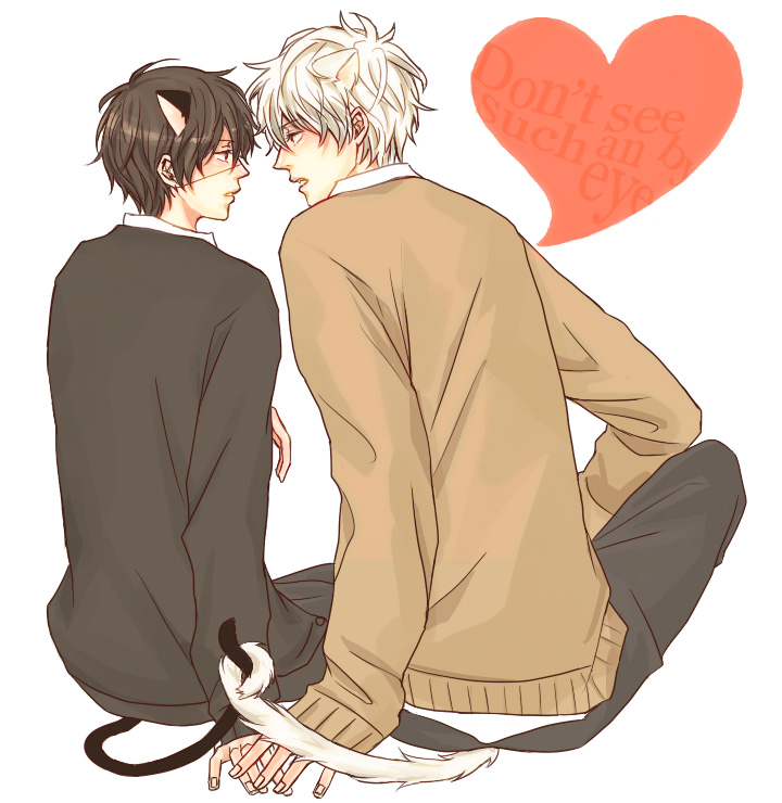 2boys, adct5, animal_ears, bad_id, bad_pixiv_id, black_hair, cat_boy, cat_ears, cat_tail, dog_ears, gintama, hijikata_toushirou, kuma_(2ch), male_focus, multiple_boys, sakata_gintoki, short_hair, tail, takasugi_shinsuke, white_hair, yaoi