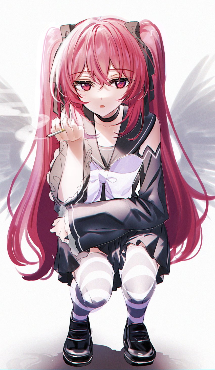 1girl, absurdres, bad_id, bad_twitter_id, cigarette, hair_ribbon, highres, indie_virtual_youtuber, kawachi_rin, kurumi_(zettai_tenshi_kurumi-chan), long_hair, looking_at_viewer, open_mouth, purple_eyes, red_hair, ribbon, sailor_collar, smile, solo, twintails, virtual_youtuber, wings