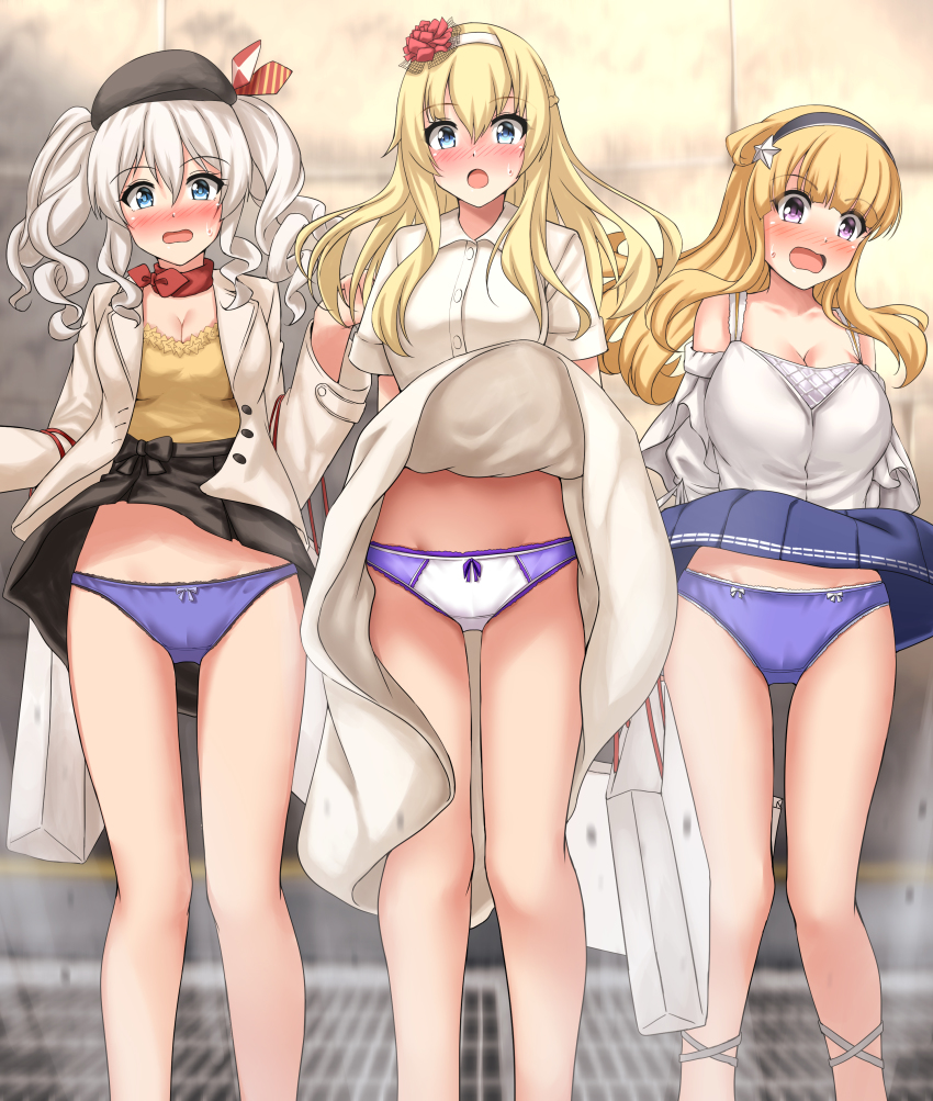 3girls, absurdres, beret, black_hairband, black_headwear, black_skirt, blouse, blue_eyes, blue_panties, blue_skirt, blush, bow, bow_panties, breasts, clothes_lift, clothing_cutout, commission, crotch_seam, dress, dress_lift, fletcher_(kancolle), fletcher_(mitsukoshi)_(kancolle), hairband, hat, highres, jacket, kantai_collection, kashima_(kancolle), kashima_(mitsukoshi)_(kancolle), large_breasts, long_hair, long_sleeves, medium_breasts, medium_hair, multicolored_panties, multiple_girls, nose_blush, official_alternate_costume, panties, pixiv_commission, pleated_skirt, purple_eyes, shirt, short_sleeves, shoulder_cutout, skirt, skirt_lift, standing, twintails, underwear, warspite_(kancolle), warspite_(mitsukoshi)_(kancolle), wavy_hair, white_dress, white_hair, white_hairband, white_jacket, white_panties, white_shirt, wind, wind_lift, yellow_shirt, zanntetu