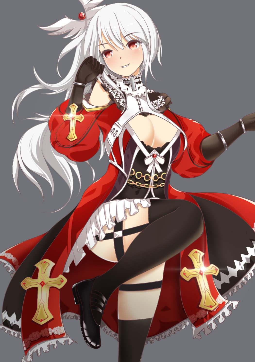 1girl, black_gloves, black_shoes, black_thighhighs, blush, bow, breasts, chain, cleavage, clothing_cutout, coat, commentary, cross, foot_out_of_frame, gloves, grey_background, grin, hair_between_eyes, highres, inquisitor_(ragnarok_online), large_breasts, long_hair, looking_at_viewer, ponytail, ragnarok_online, red_coat, red_eyes, shoes, shoulder_cutout, simple_background, smile, solo, thigh_strap, thighhighs, white_bow, white_hair, xiya_yumiko
