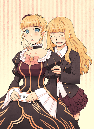2girls, bad_id, bad_pixiv_id, beatrice_(umineko), blonde_hair, blue_hair, blush, bow