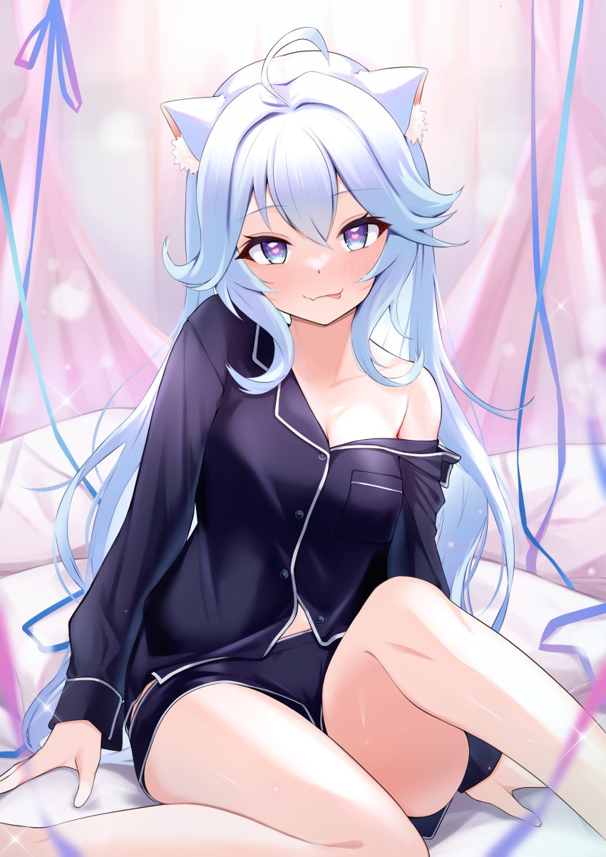 1girl, :q, absurdres, ahoge, animal_ear_fluff, animal_ears, bad_id, bad_twitter_id, bare_shoulders, black_shirt, black_shorts, blouse, blue_eyes, blue_hair, breasts, closed_mouth, equal_(heartstrings), heart, heart-shaped_pupils, highres, indie_virtual_youtuber, kanase_ito, knee_up, long_hair, long_sleeves, looking_at_viewer, medium_breasts, naughty_face, off_shoulder, partially_unbuttoned, pillow, shirt, short_shorts, shorts, sitting, smile, solo, symbol-shaped_pupils, thighs, tongue, tongue_out, very_long_hair, virtual_youtuber