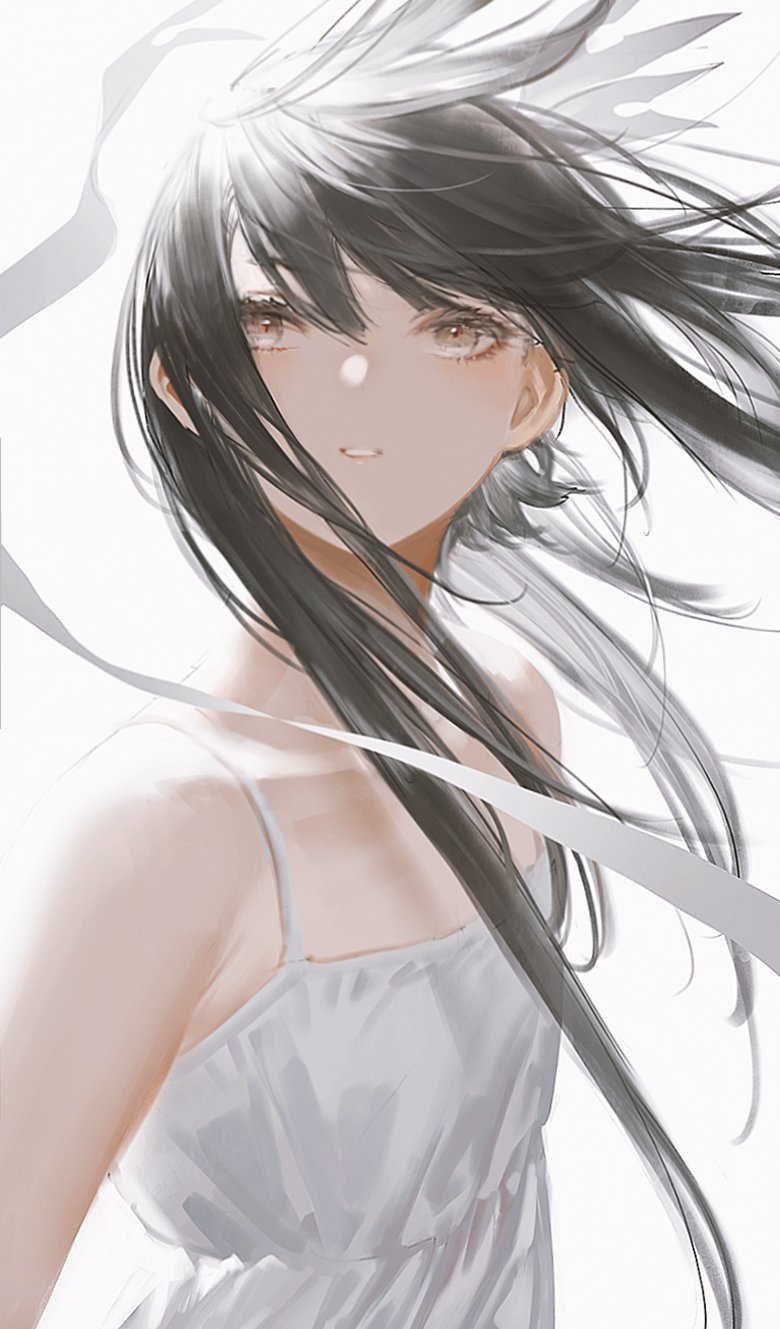 1girl, bare_shoulders, black_hair, blush, brown_eyes, collarbone, dress, eyelashes