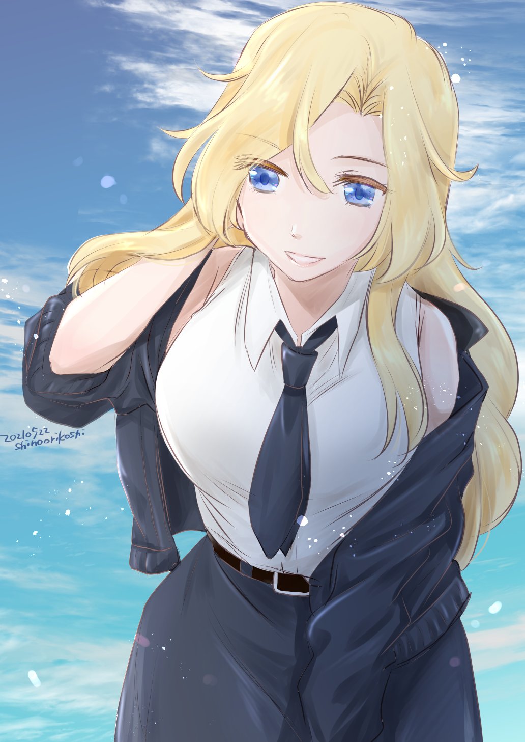 1girl, belt, belt_buckle, black_belt, blonde_hair, blouse, blue_eyes, bomber_jacket