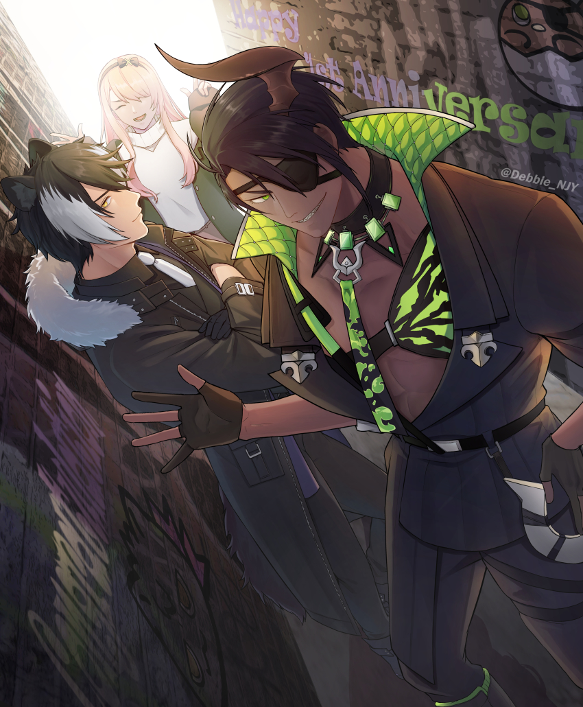 3boys, ^_^, ^o^, abs, absurdres, alley, animal_ears, anniversary