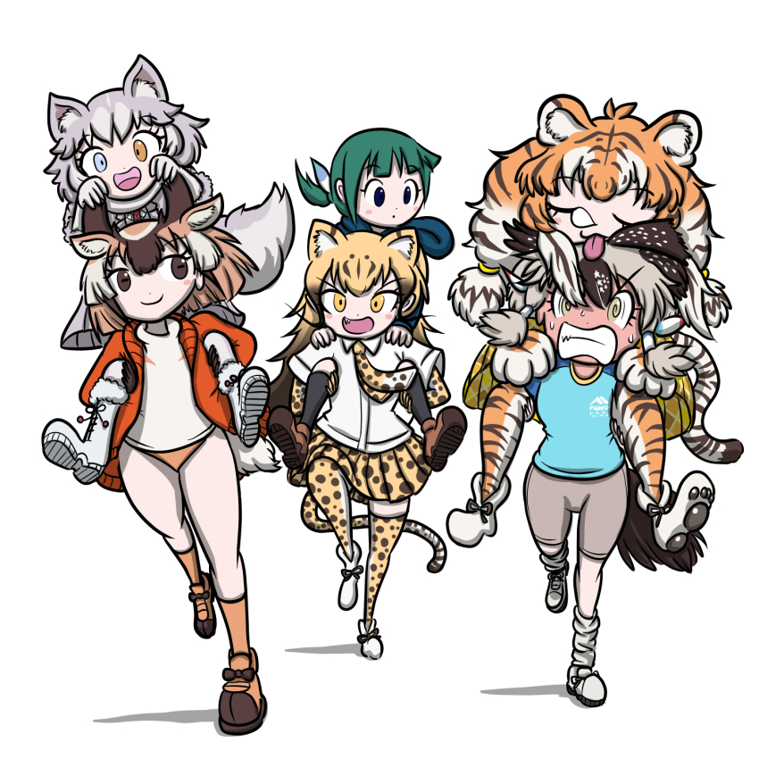 6+girls, :d, @_@, animal_ears, animal_print, aomushi_taro, bike_shorts, blouse