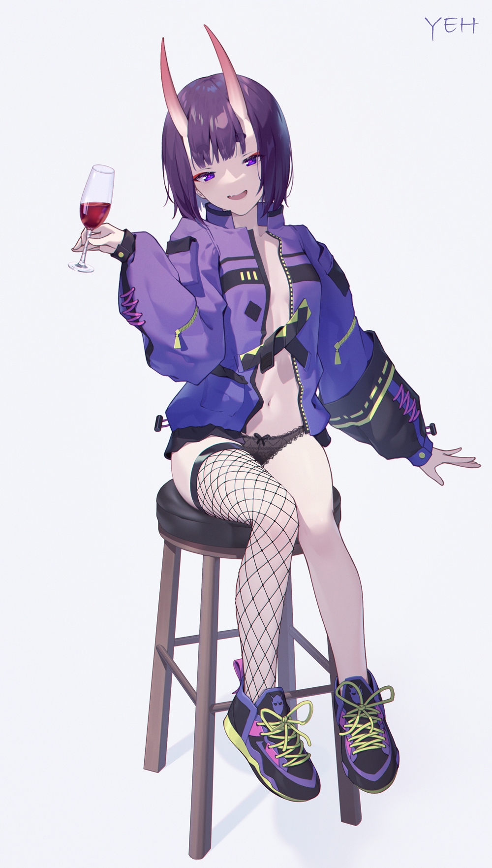 1girl, alcohol, black_panties, bob_cut, breasts, cup, drinking_glass, eyeliner, fate/grand_order, fate_(series), fishnet_thighhighs, fishnets, highres, horns, jacket, long_sleeves, looking_at_viewer, makeup, navel, oni, open_clothes, open_jacket, open_mouth, panties, purple_eyes, purple_hair, purple_jacket, purple_shoes, shoes, short_hair, shuten_douji_(fate), single_thighhigh, sitting, skin-covered_horns, small_breasts, smile, sneakers, solo, stool, thighhighs, underwear, white_background, wine, wine_glass, yeh_(354162698)