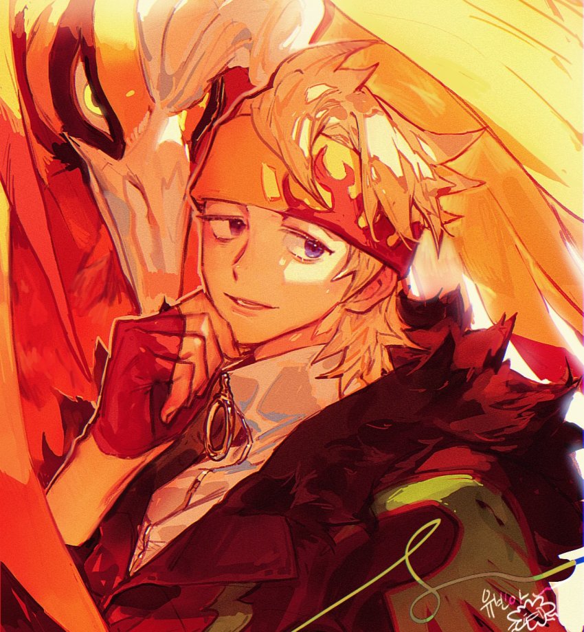 1boy, alternate_color, bird, blonde_hair, fingerless_gloves, flame_print, gen_2_pokemon, gloves