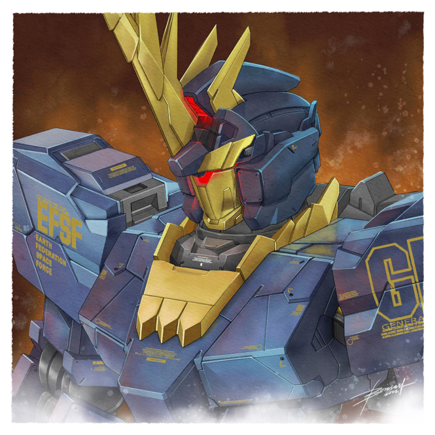 border, boris_(borisasf), brown_background, glowing, gundam, gundam_unicorn, horns, looking_ahead