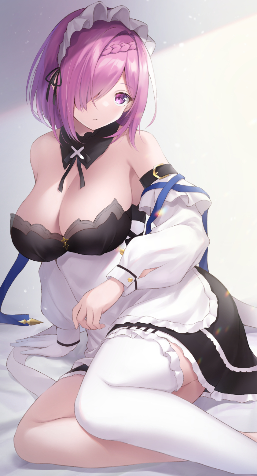 1girl, apron, asymmetrical_legwear, azur_lane, bare_shoulders, black_dress, braid, braided_bangs