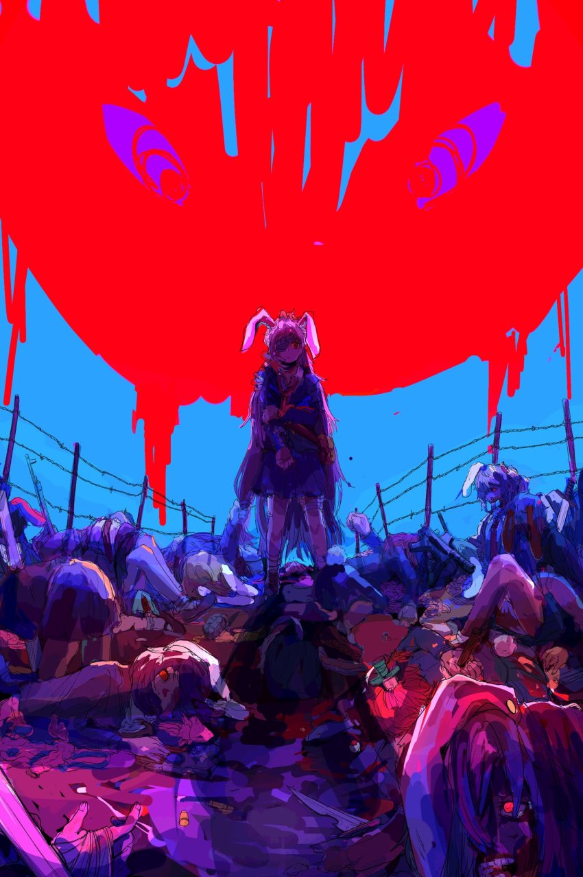 1girl, animal_ears, bandaged_arm, bandaged_hand, bandaged_leg, bandages, bandaid, barbed_wire, blazer, blouse, bobby_socks, bullet, chinese_commentary, collared_shirt, commentary_request, corpse, dagger, decapitation, explosive, eyepatch, full_body, grenade, gun, guro, hand_on_another's_face, hand_on_another's_head, hand_on_another's_shoulder, hand_on_own_arm, handgun, highres, holding, holding_own_hair, impaled, intestines, jacket, knife, long_hair, long_sleeves, looking_at_viewer, mary_janes, miniskirt, moon_rabbit, moon_rabbit_extra_(touhou), necktie, pistol, pleated_skirt, pouch, ptsd, purple_hair, rabbit_ears, rabbit_girl, rabbit_tail, red_eyes, red_necktie, reisen_udongein_inaba, rifle, shirt, shoes, skirt, socks, solo_focus, stab, starjinxin, tail, tears, touhou, war, weapon, white_shirt