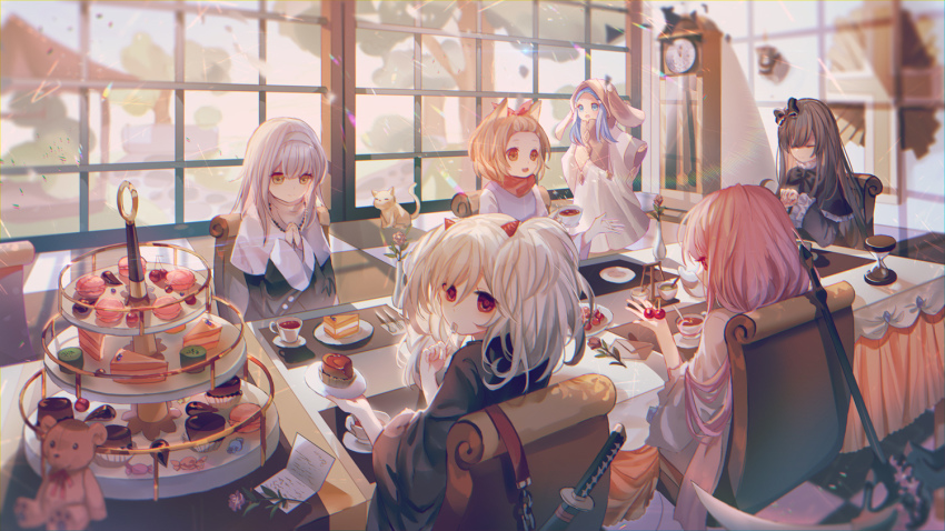 6+girls, animal_ears, ash_blossom_&amp;_joyous_spring, blonde_hair, blue_eyes, blue_hair, bow, brown_hair