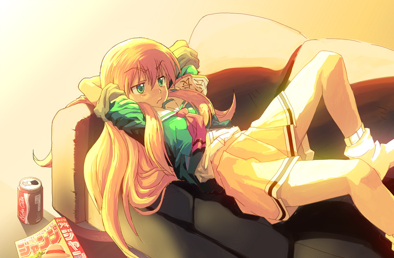 1girl, akai_homura, blonde_hair, can, couch, drink_can, female_focus, green_shirt, hibikino_high_school_uniform, long_hair, loose_socks, nuka-cola, on_couch, school_uniform, serafuku, shirt, skirt, sleeves_rolled_up, socks, soda_can, solo, tokimeki_memorial, tokimeki_memorial_2