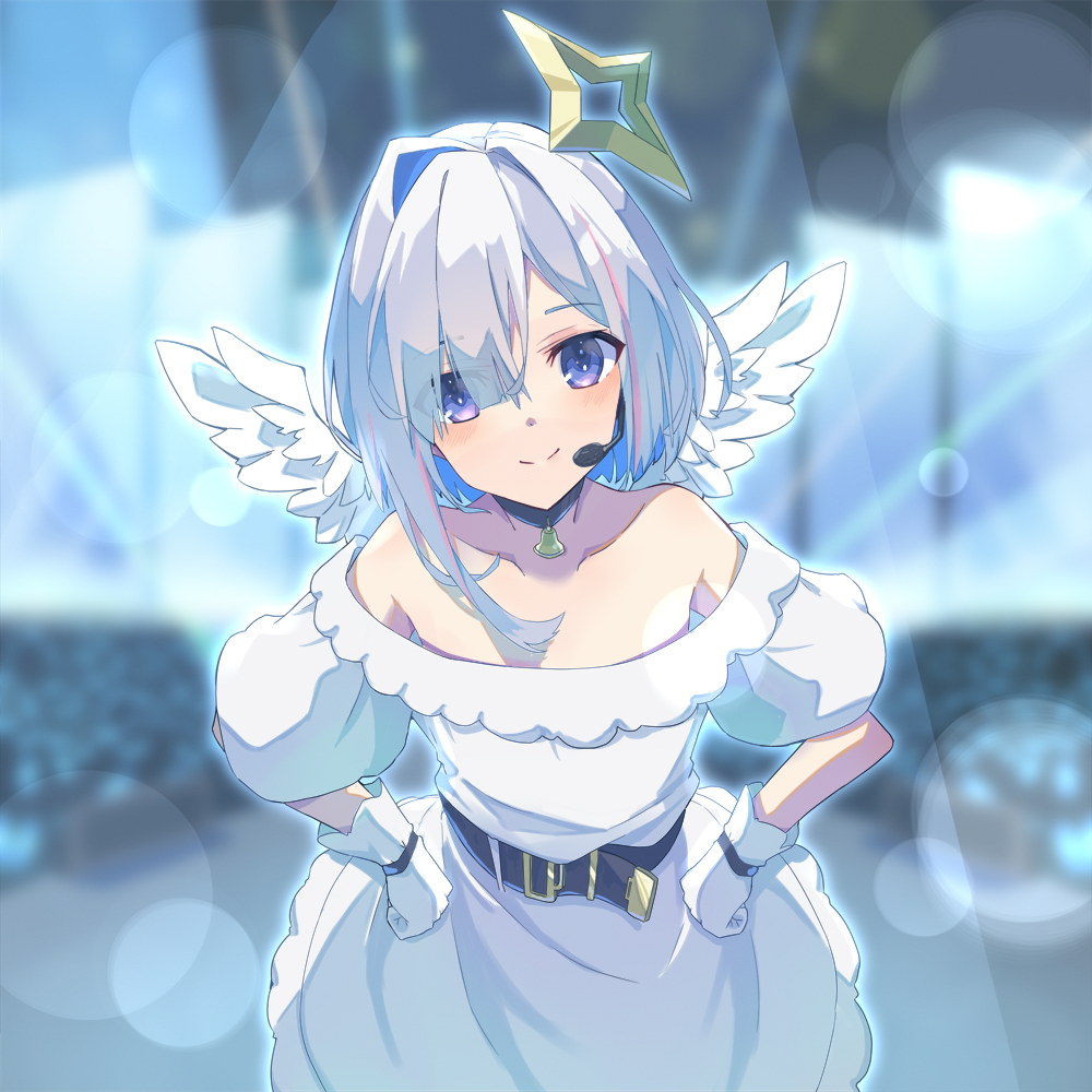 1girl, amane_kanata, angel, angel_wings, asymmetrical_bangs, asymmetrical_hair, bell, belt