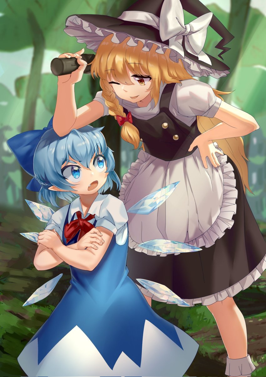 2girls, angry, apron, black_dress, black_footwear, blonde_hair, blouse, blue_bow