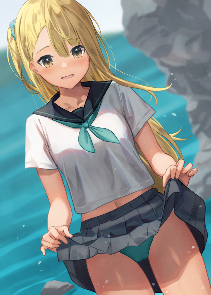 1girl, absurdres, akira_tooru, blonde_hair, blouse, breasts, brown_eyes, clothes_lift