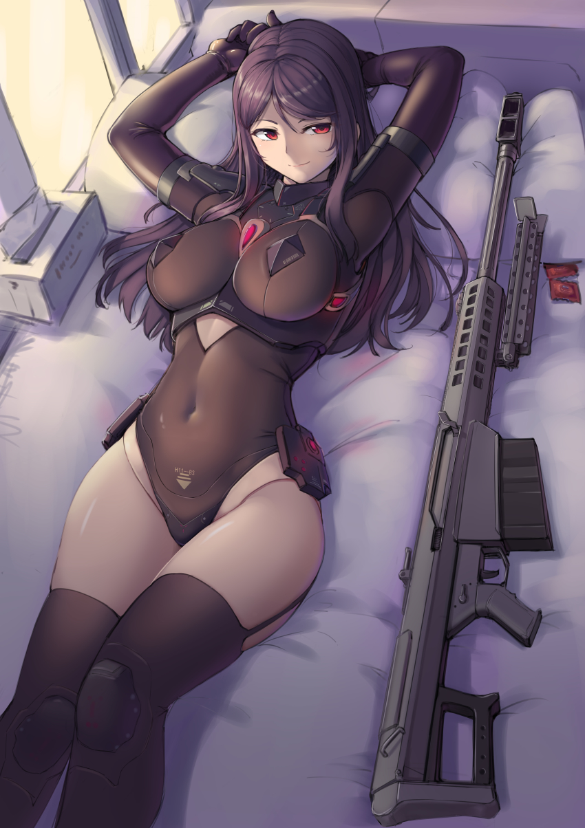 1girl, absurdres, anti-materiel_rifle, barrett_m82, black_leotard, breasts, closed_mouth, condom