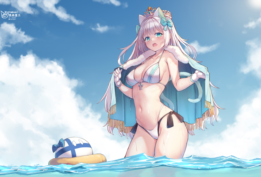 1girl, absurdres, animal_ears, aqua_bow, aqua_eyes, artist_name, bikini, bow
