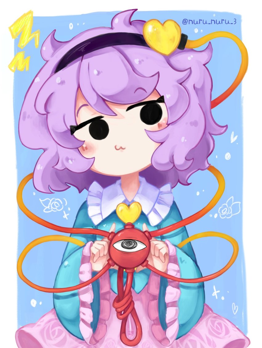 1girl, :3, @_@, black_eyes, black_headband, blouse, blue_shirt, blush